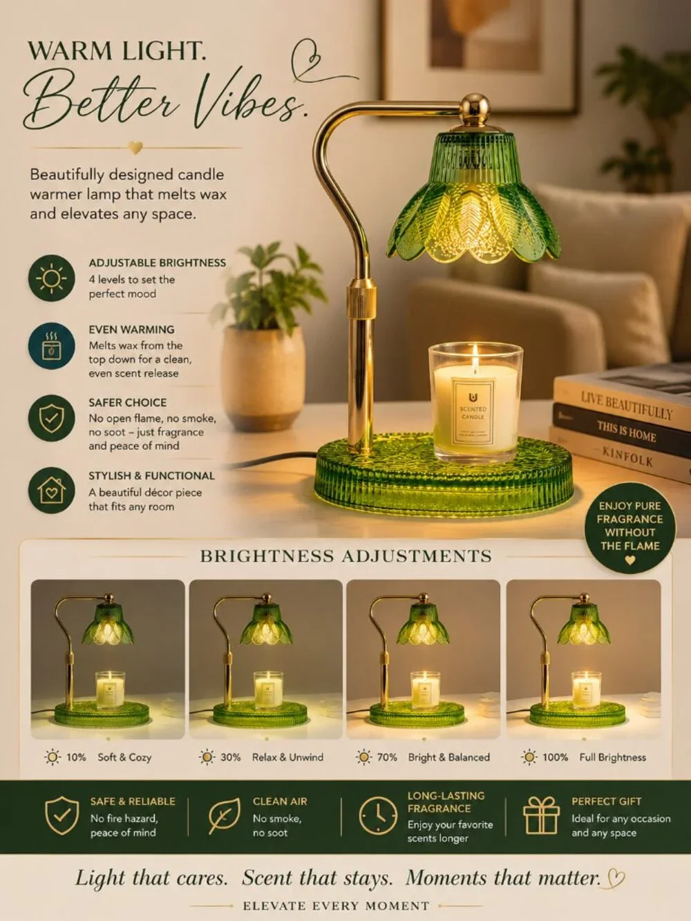 Green & Gold Candle Warmer Lamp Adjustable Brightness Vintage Floral Glass Home